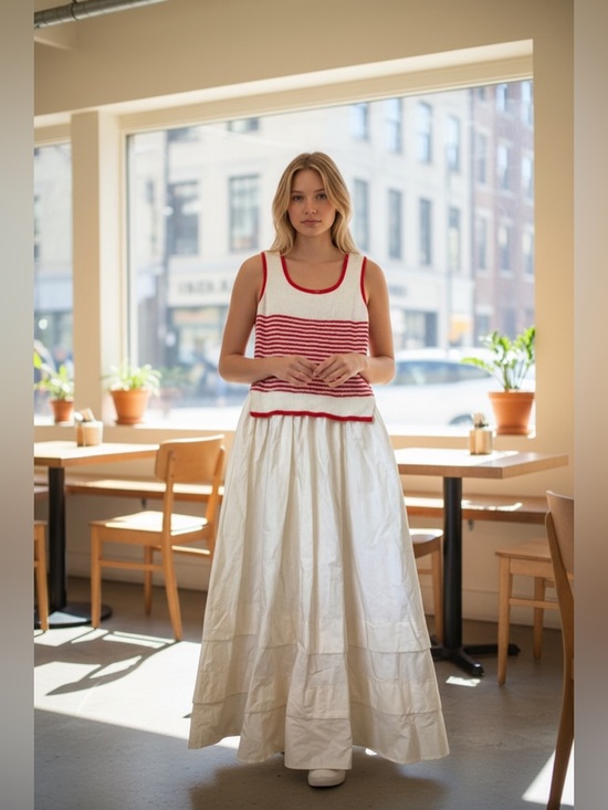 Moon River Dresses & Skirts - Moon River Cream Maxi Dress with Red Knit Striped Bodice | NWT